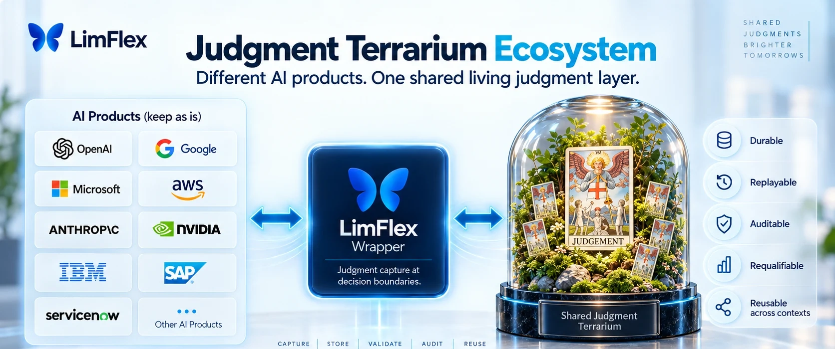 Judgment Terrarium Ecosystem with AI products, LimFlex Wrapper and one shared Judgment Terrarium