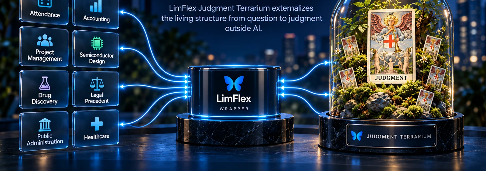 Different business and technical tools connected through LimFlex Wrapper to a shared Judgment Terrarium