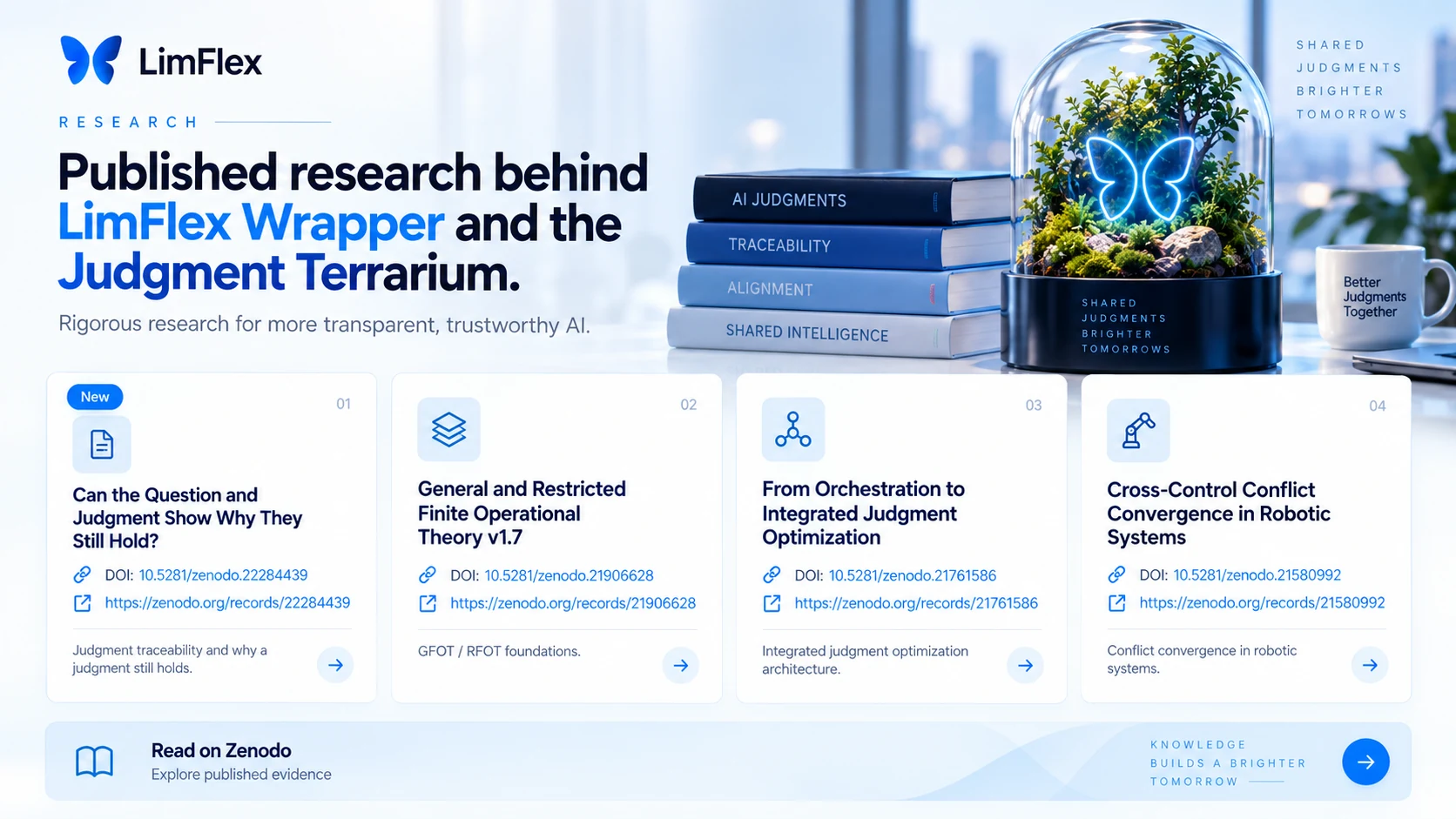 LimFlex research visual with published papers and Judgment Terrarium